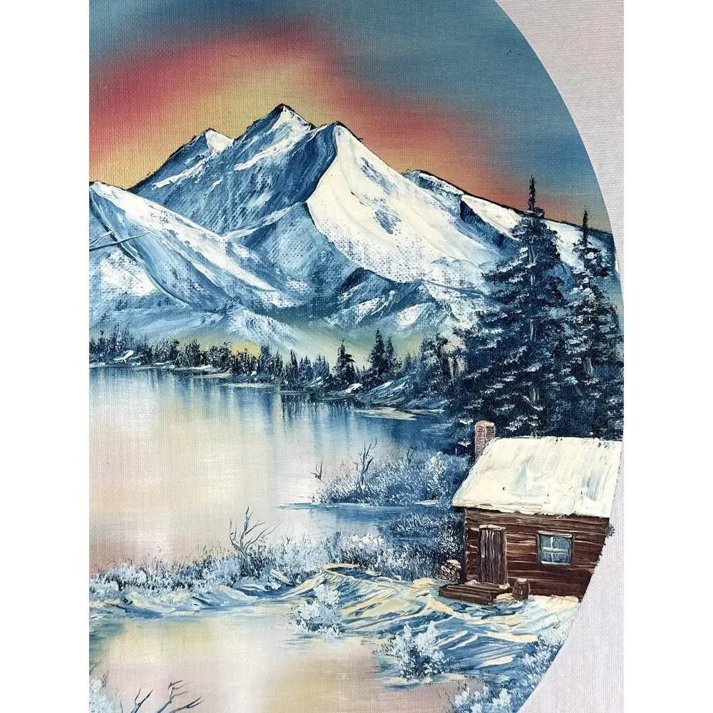 Oil Painting Winter At Dawn Cabin On Pond Signed Margaret Peggy Ledgard 1988 - Picture 6 of 10